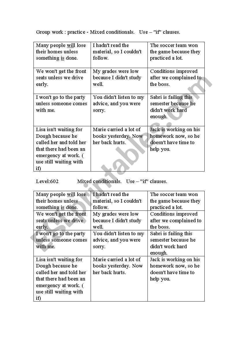 Mixed conditionals game worksheet