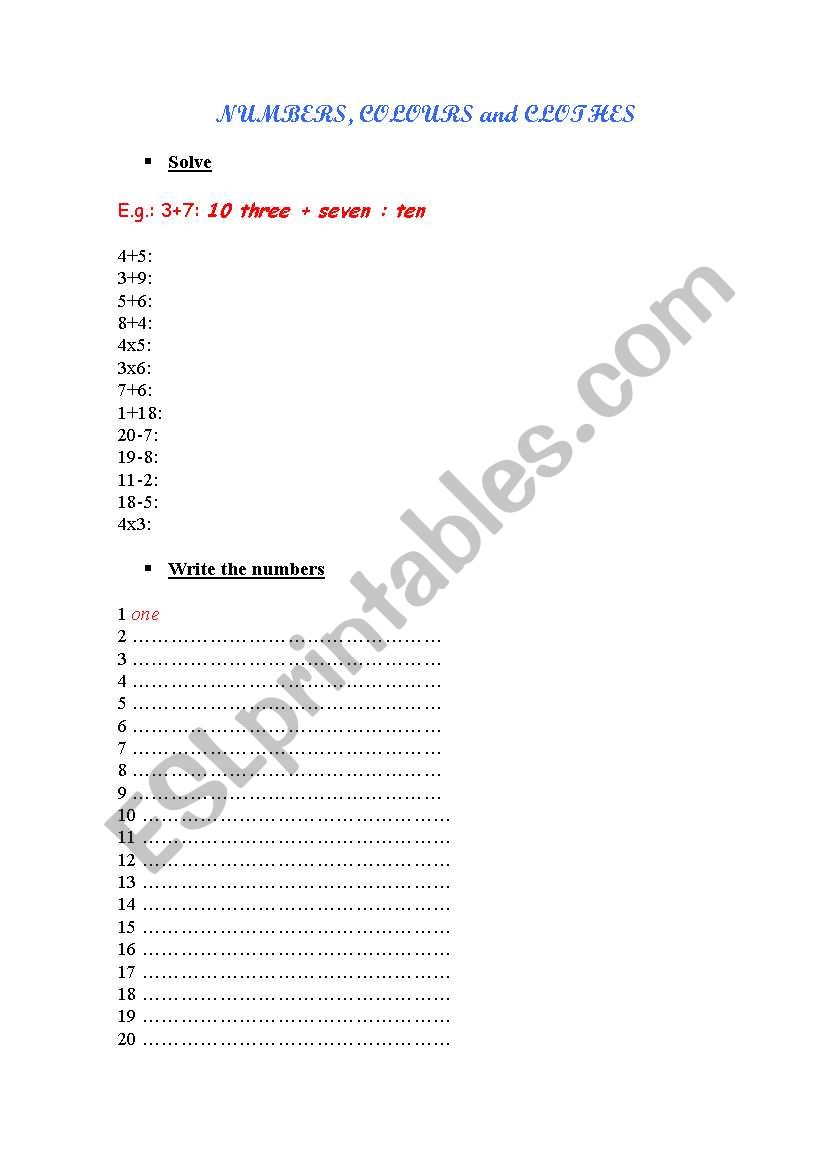 NUMBERS, COLOURS and CLOTHES worksheet
