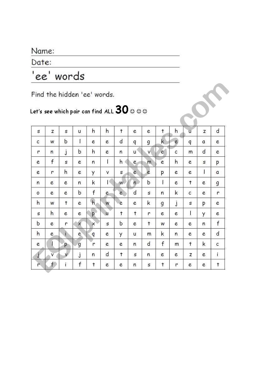 Worsearch - ee sound worksheet