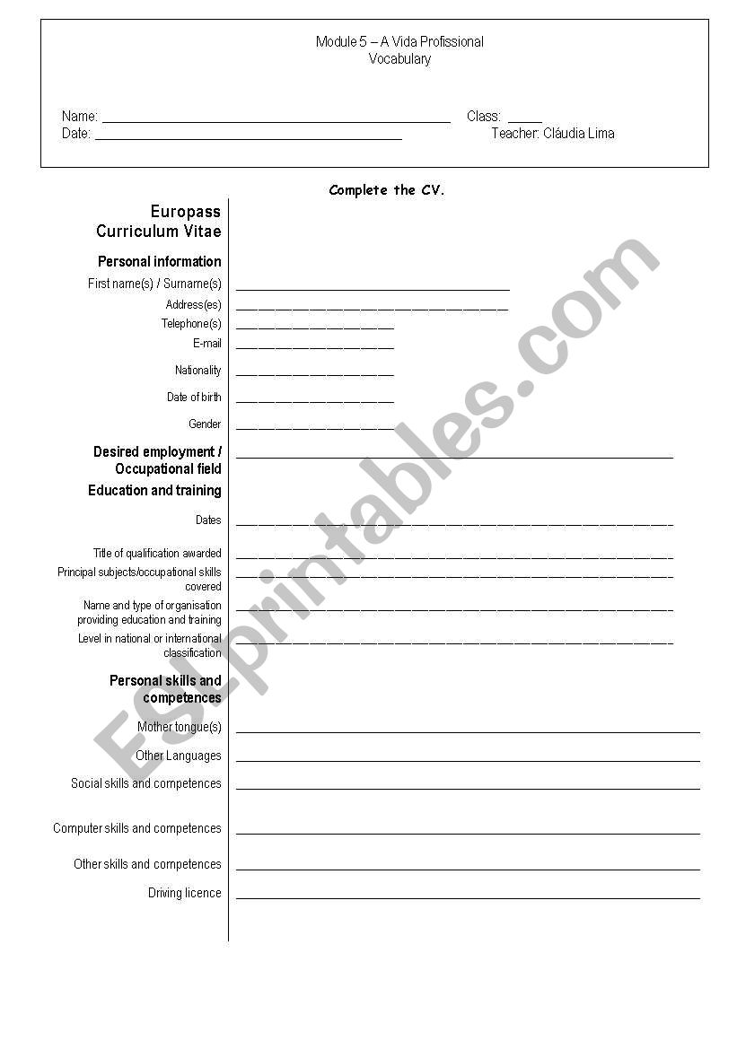 Jobs vocabulary worksheet