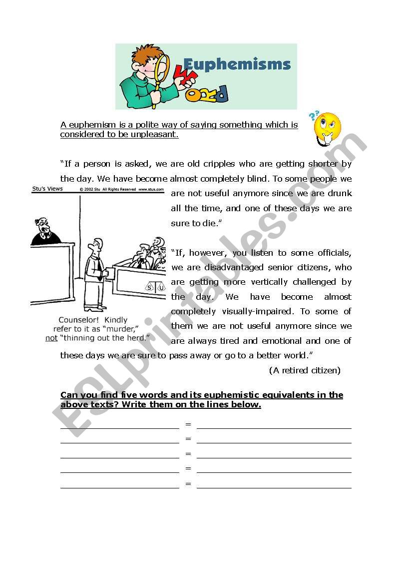 euphemism esl worksheet by matejc