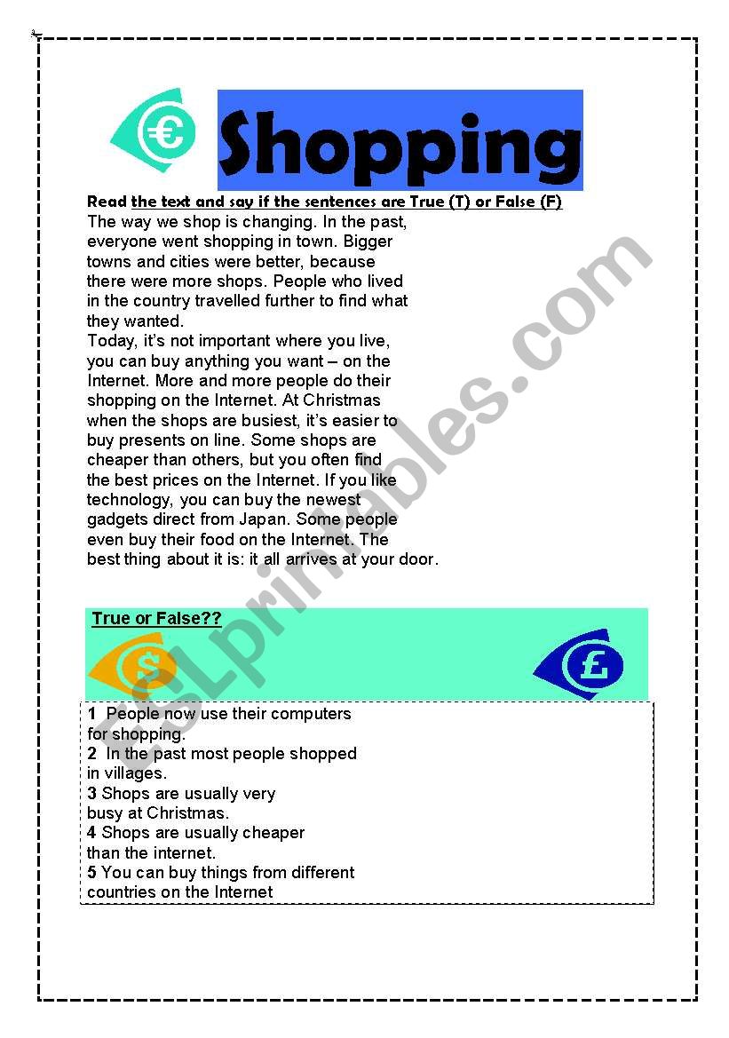 shopping worksheet