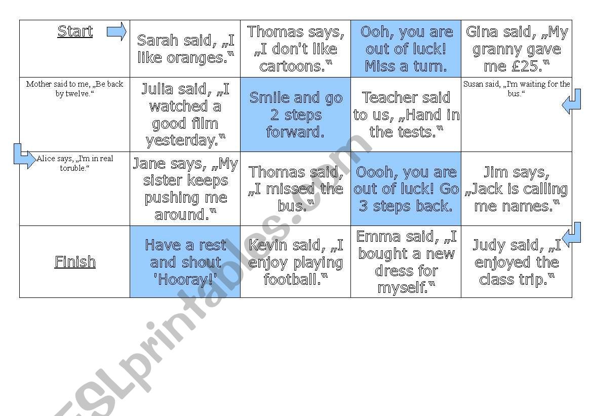 Boardgame on reported speech worksheet