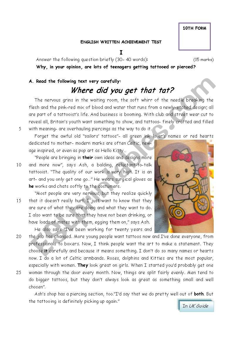 Test 10th grade students worksheet