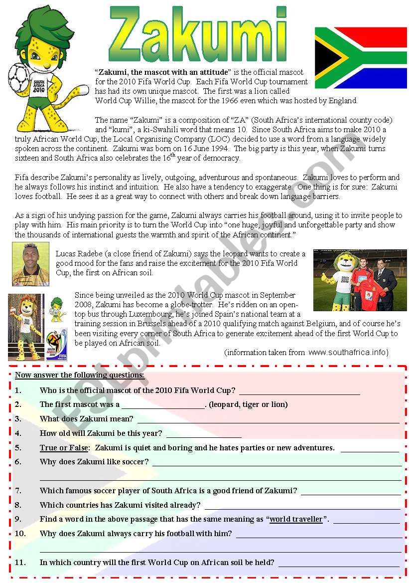 Fifa World Cup  Comprehension with Key