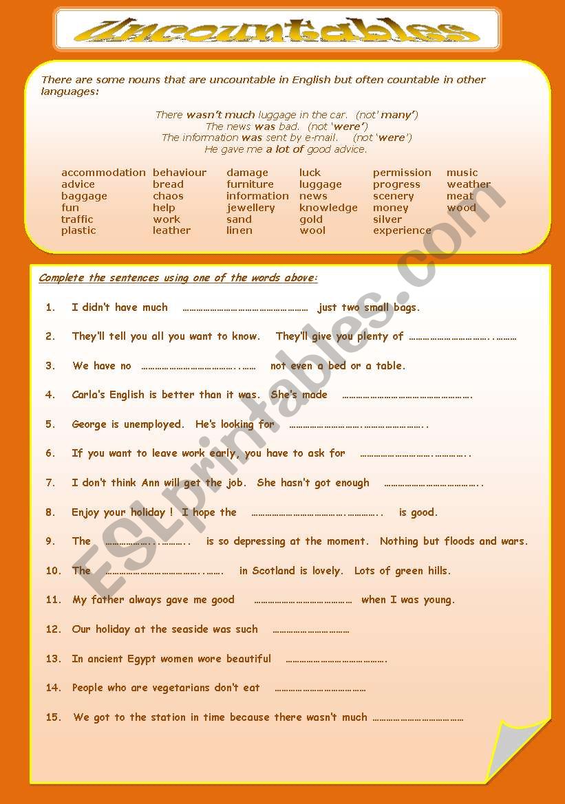 Uncountable nouns worksheet