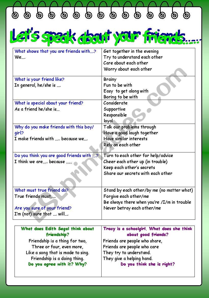 Speaking about friends worksheet