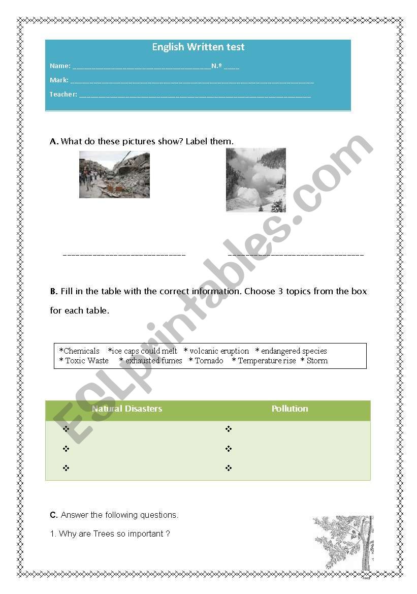 Short environmental test worksheet