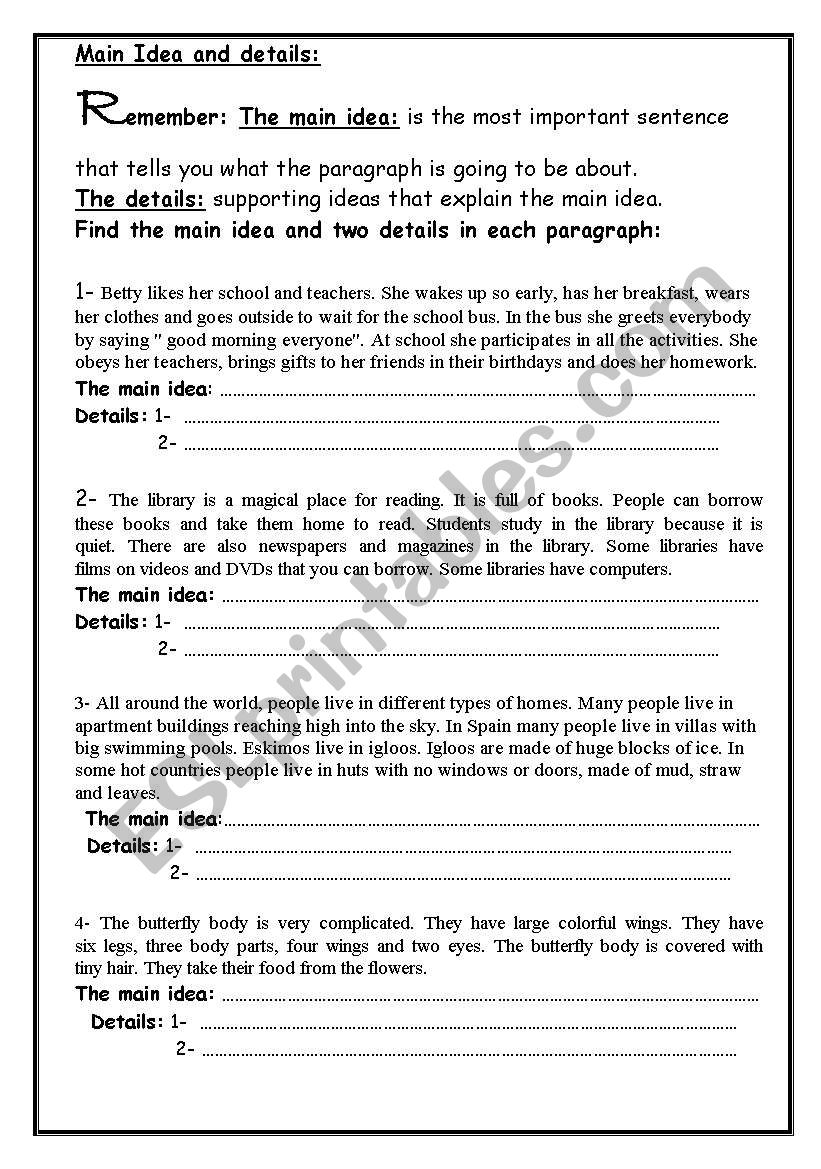 Main Idea and Details worksheet