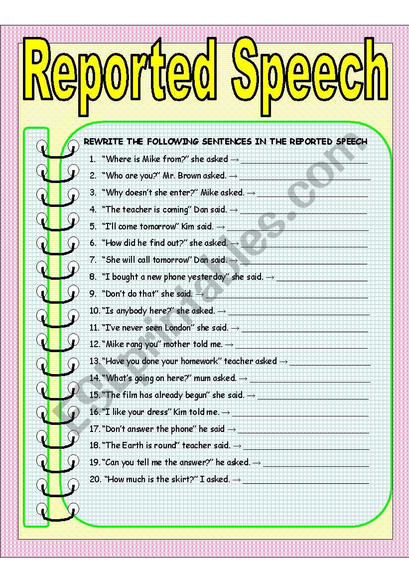 REPORTED SPEECH worksheet