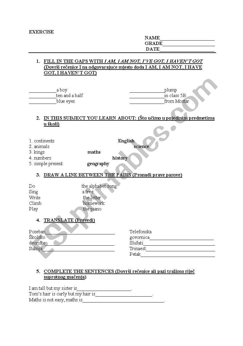 test 5 th grade worksheet