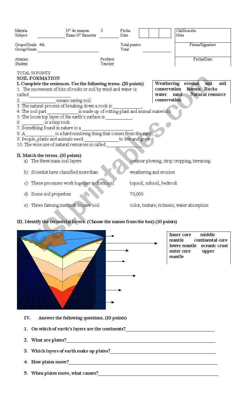 Earth science test for 4th grade students