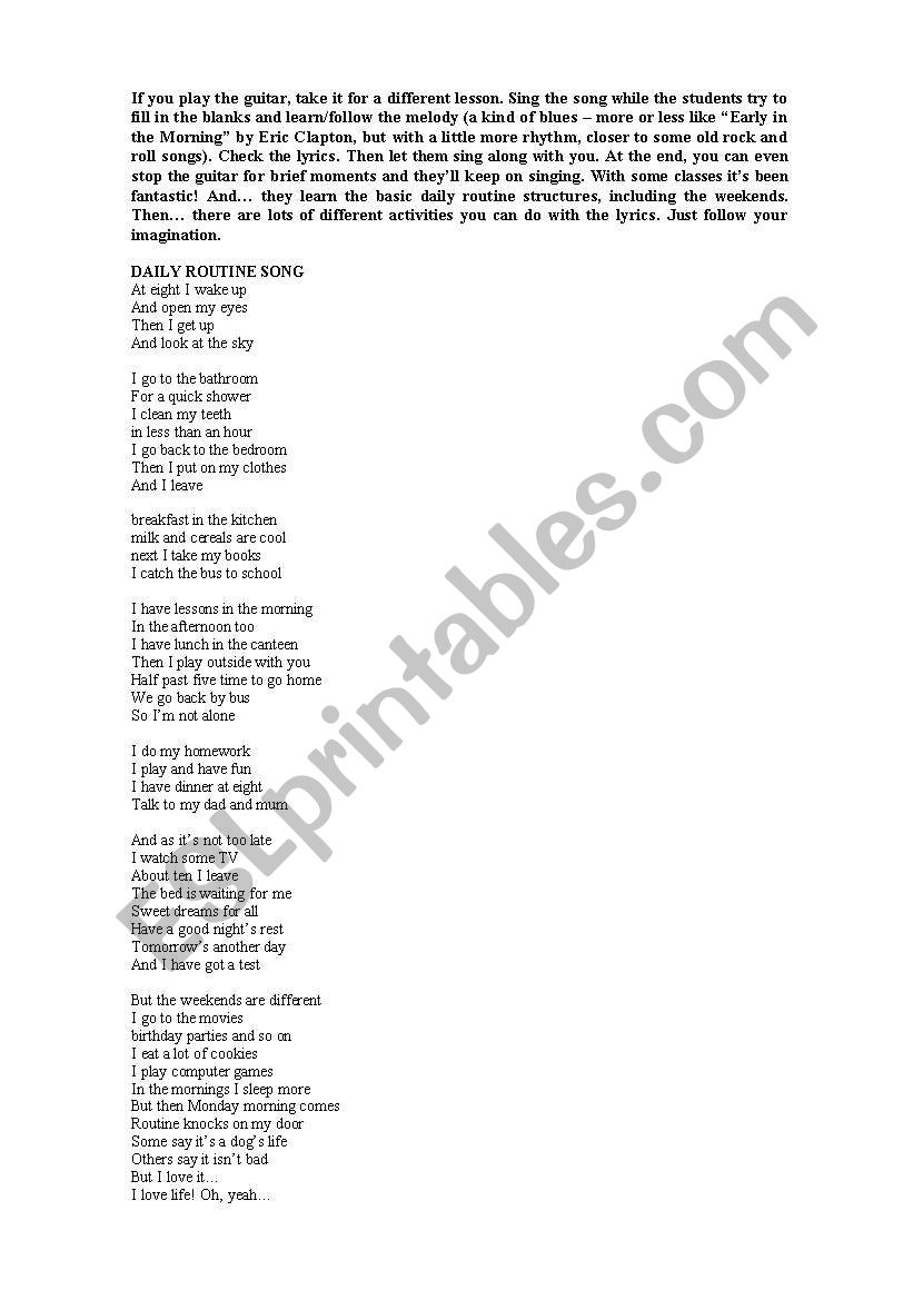 Daily routine song worksheet