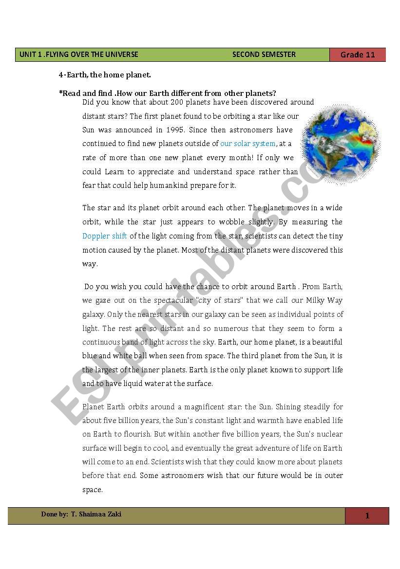 Earth our home planet worksheet