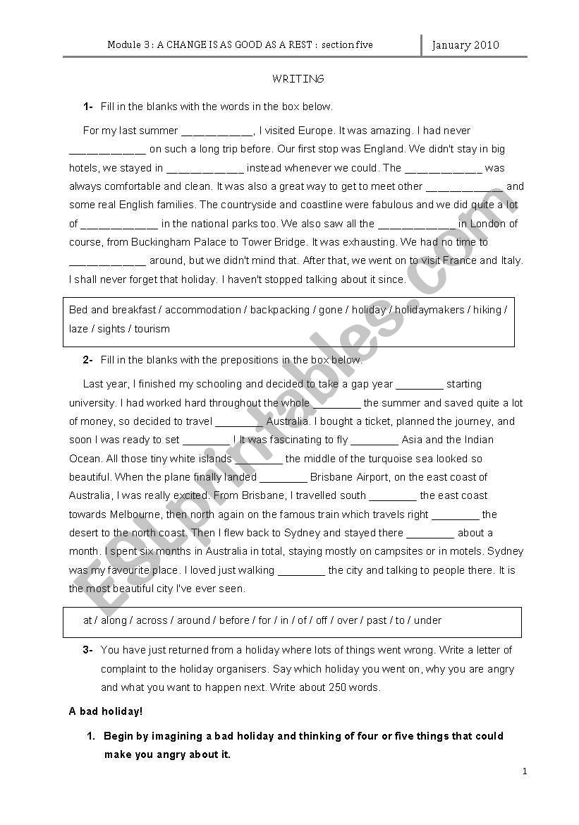 writing a letter of complaint about a bad holiday - ESL worksheet