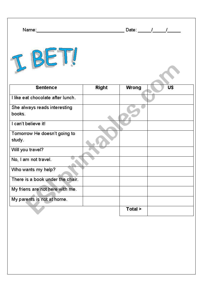 I bet worksheet