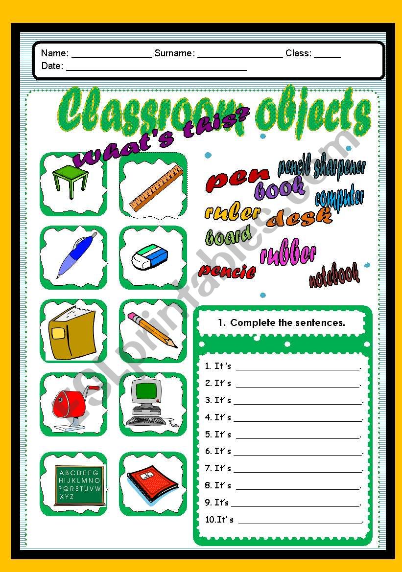 School objects worksheet