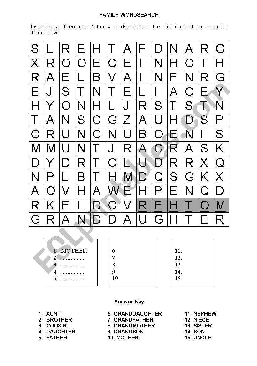 family wordsearch worksheet