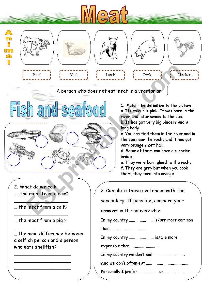 Meat, fish and seafood. worksheet