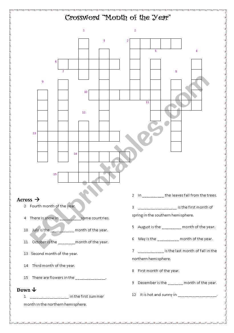 CROSSWORD MONTHS OF THE YEAR worksheet