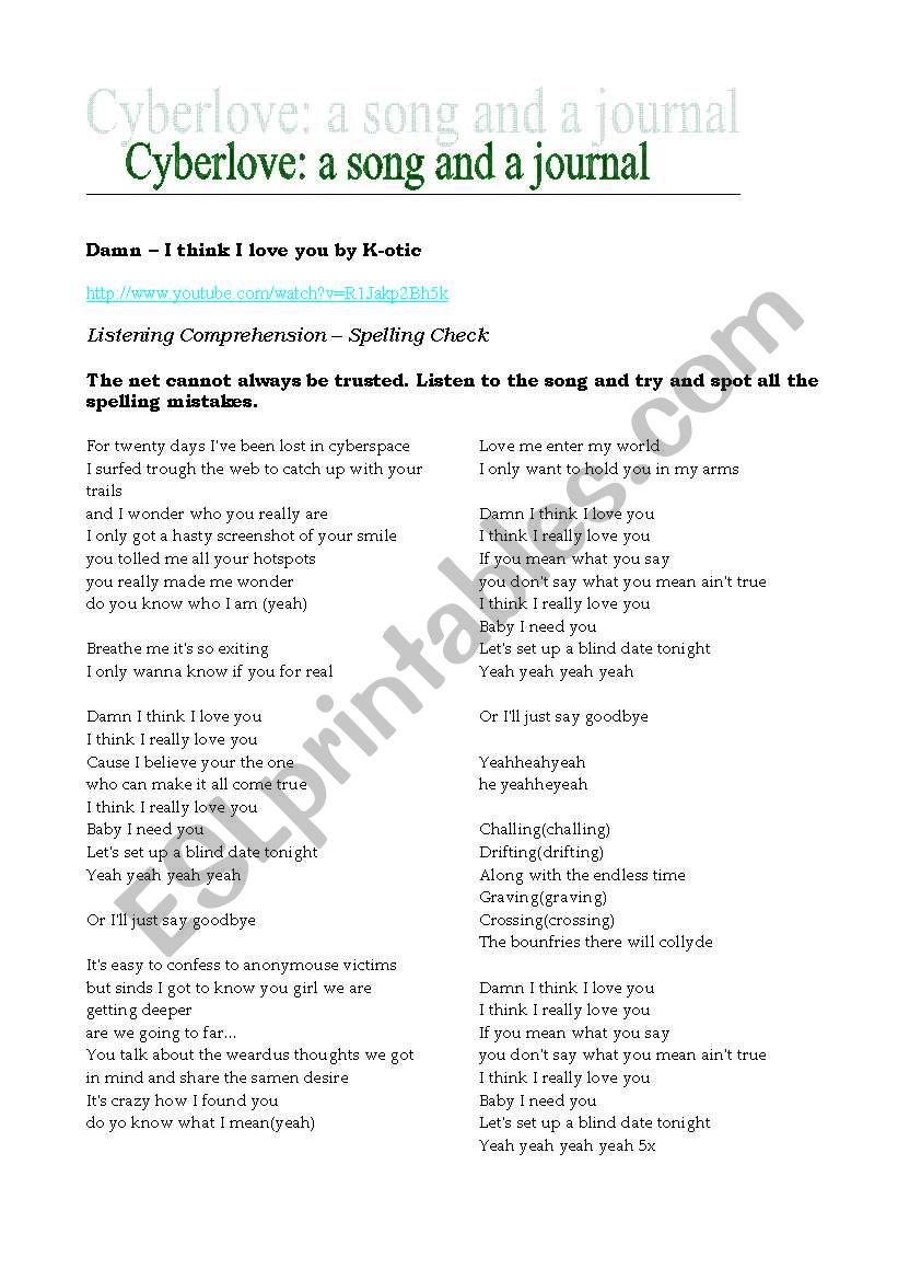 Cyberlove- song and journal worksheet
