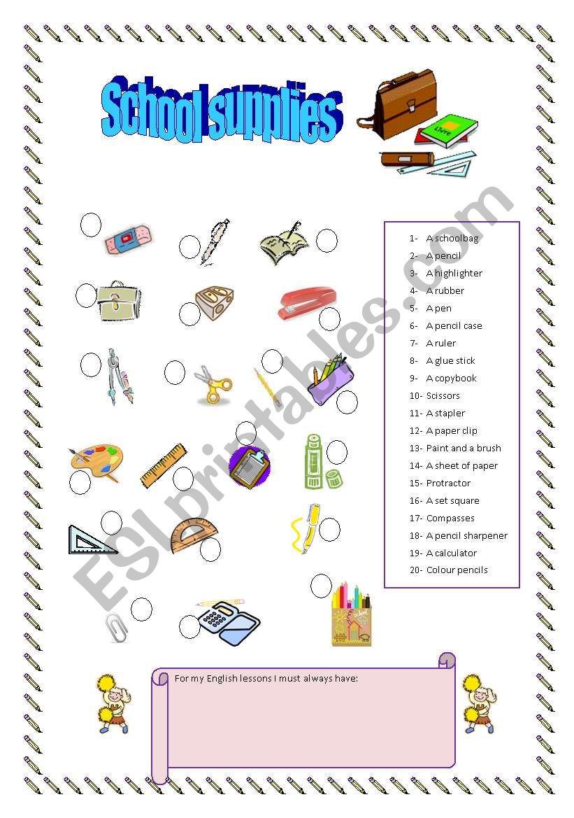 school supplies worksheet