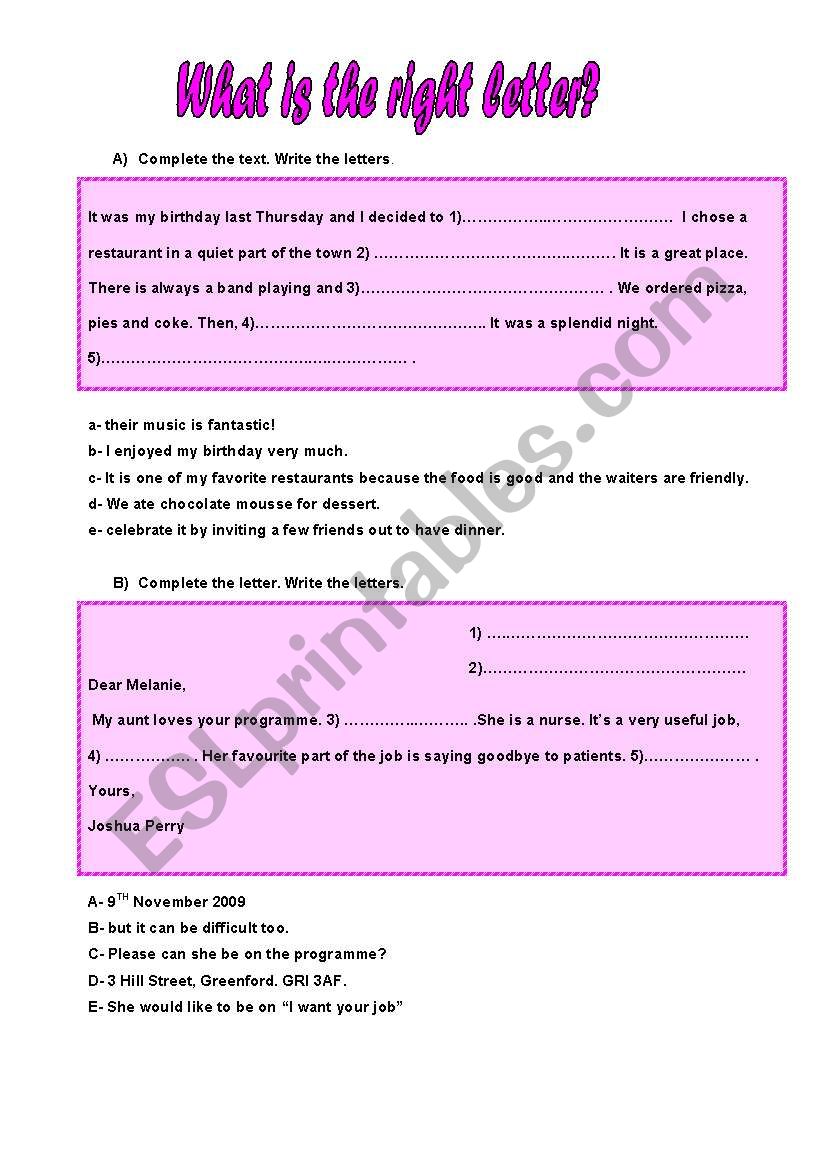 complete the texts worksheet