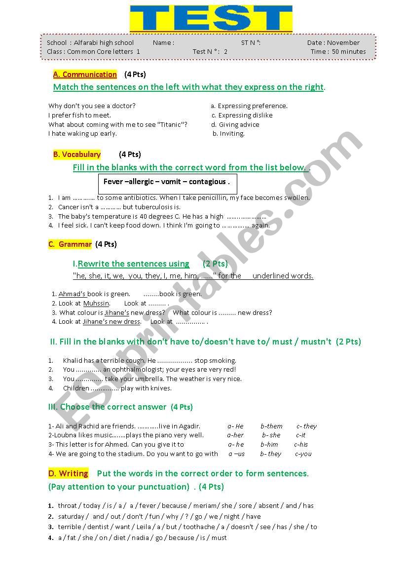 TEST   LANGUAGE + WRITING worksheet