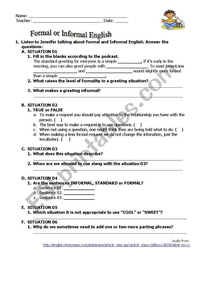 Formal and Informal English worksheet