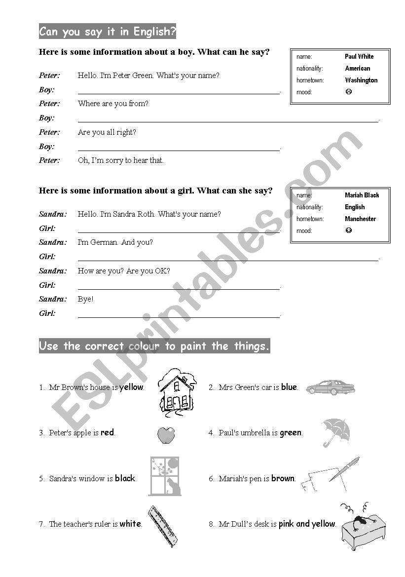 Introducing oneself & Colours worksheet