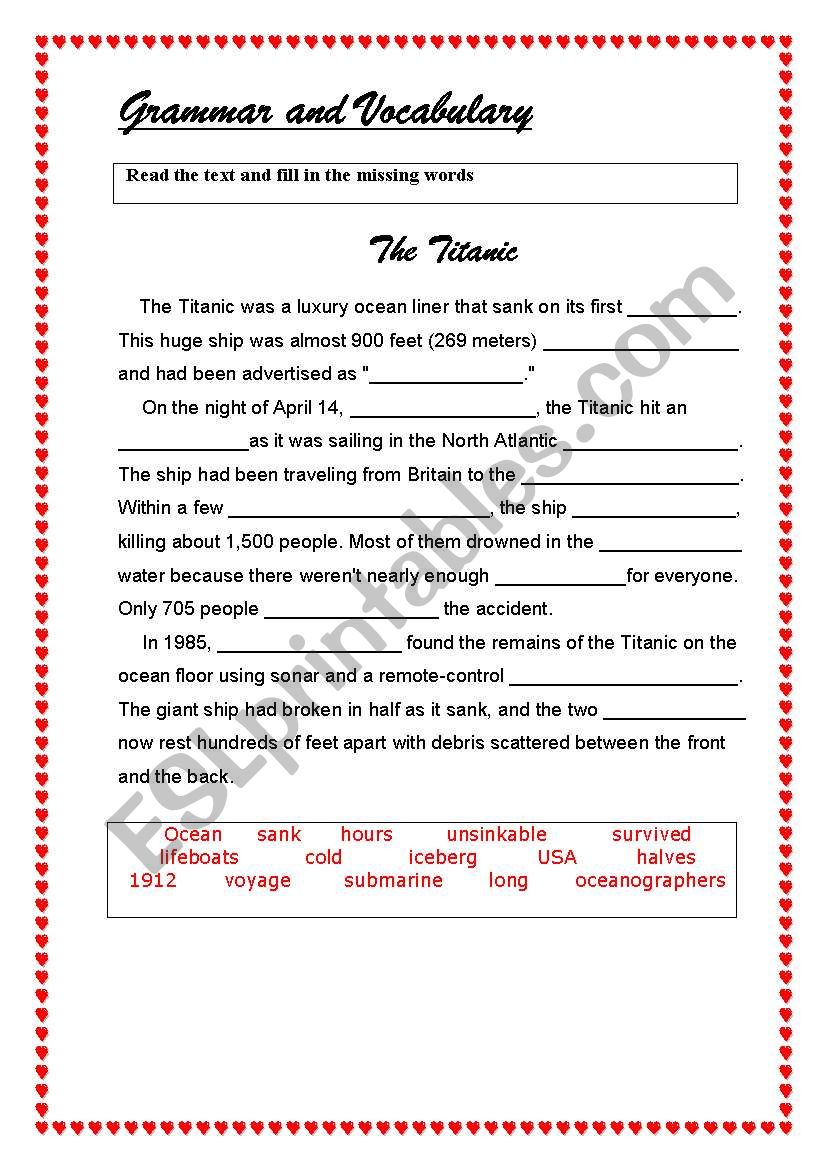 Titanic worksheet