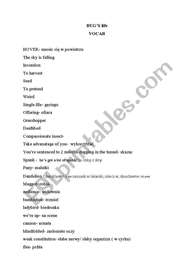 vocabulary bugs life worksheet