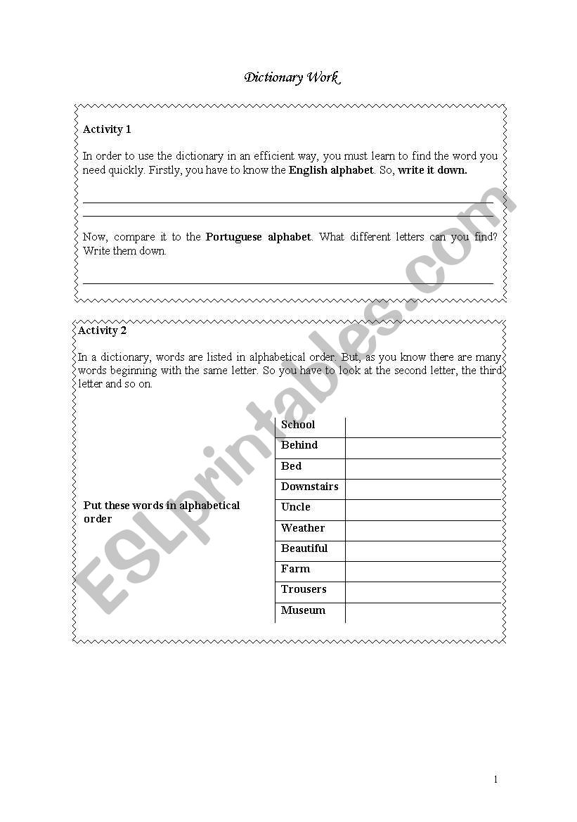 dictionary work worksheet