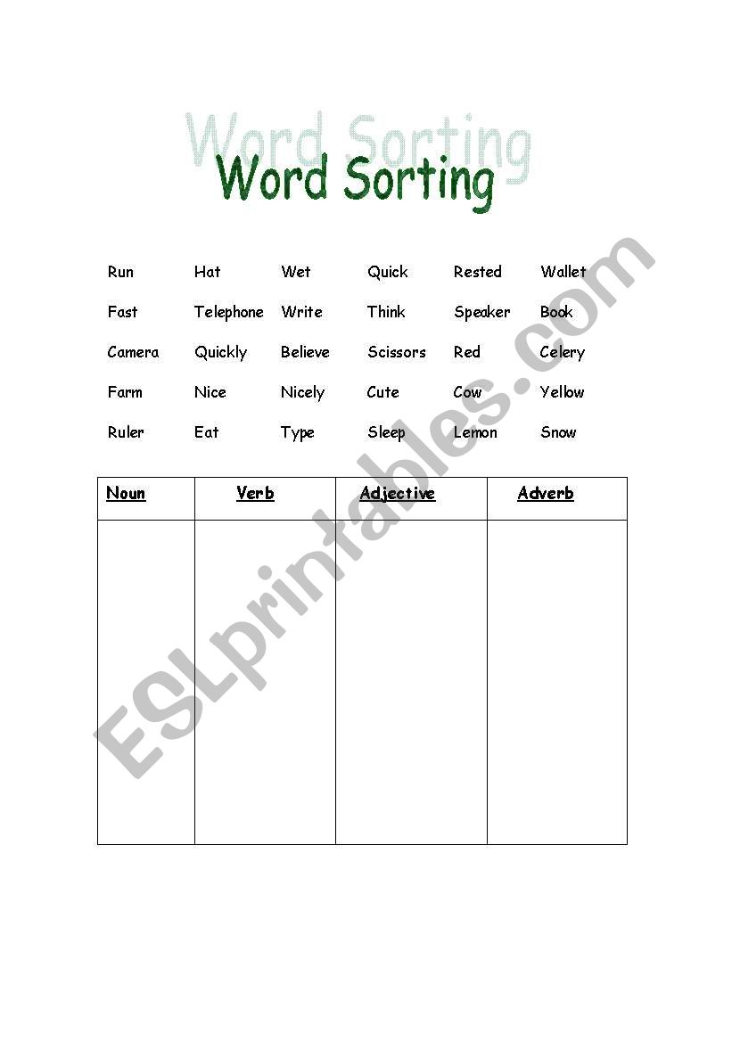 Word Sorting worksheet