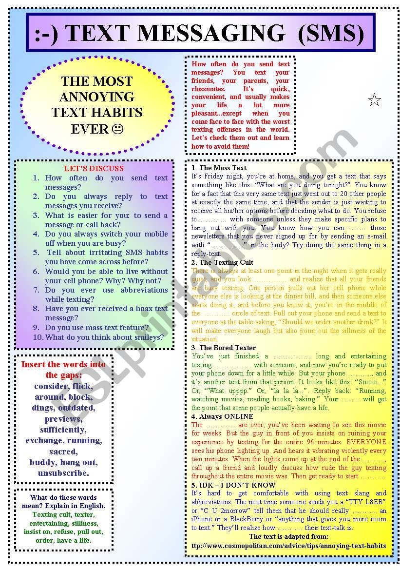 Text Messaging (SMS) worksheet