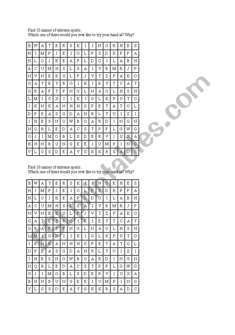 Extreme sports wordsearch worksheet