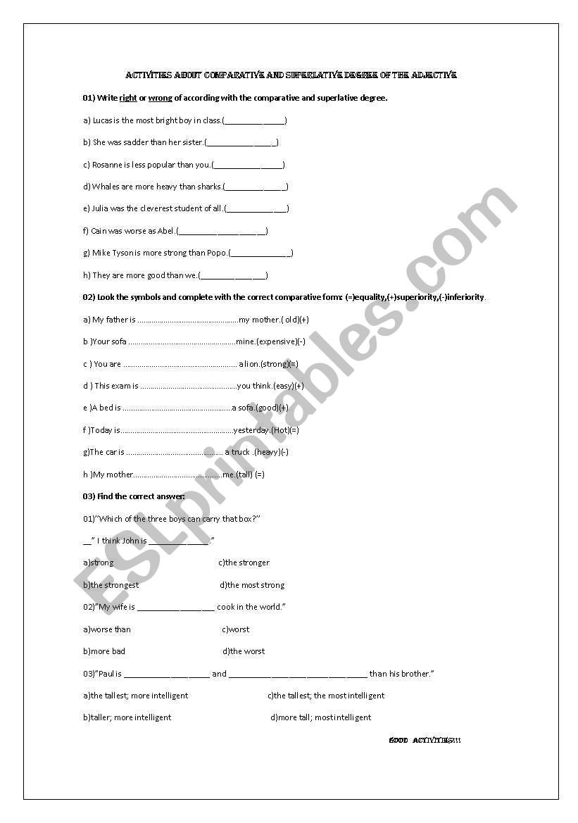 Activities about comparative and superlative