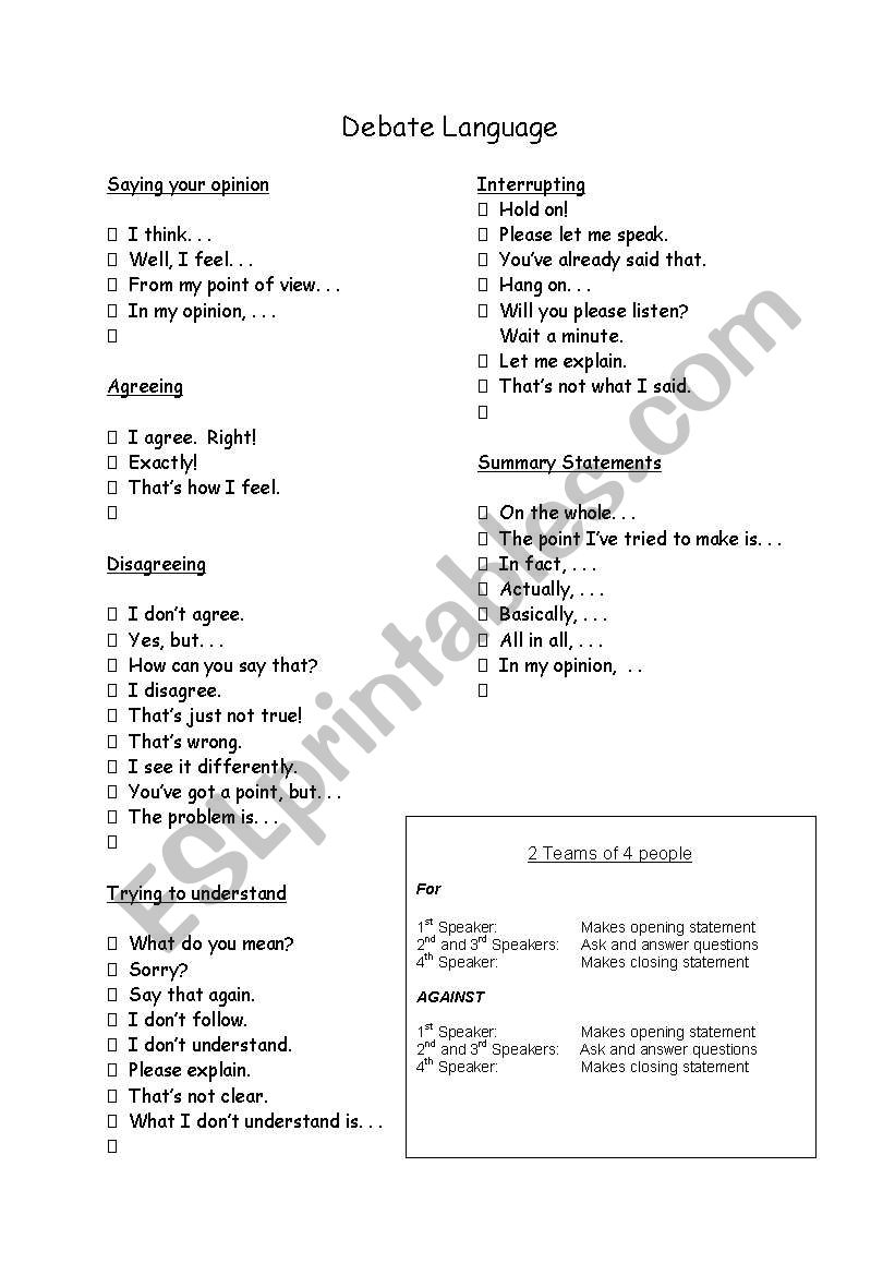 Debate Language worksheet