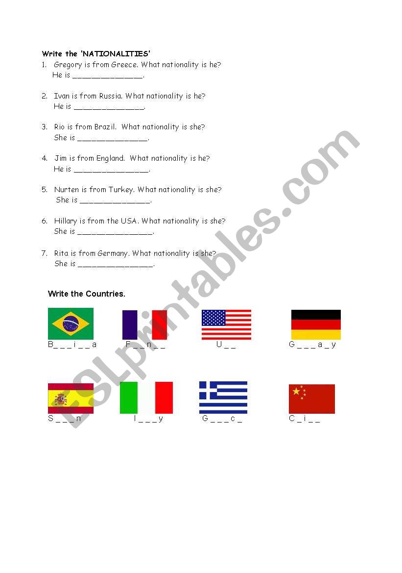 nationality  worksheet