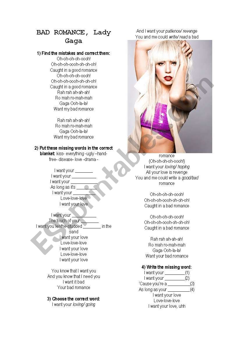 Bad romance worksheet