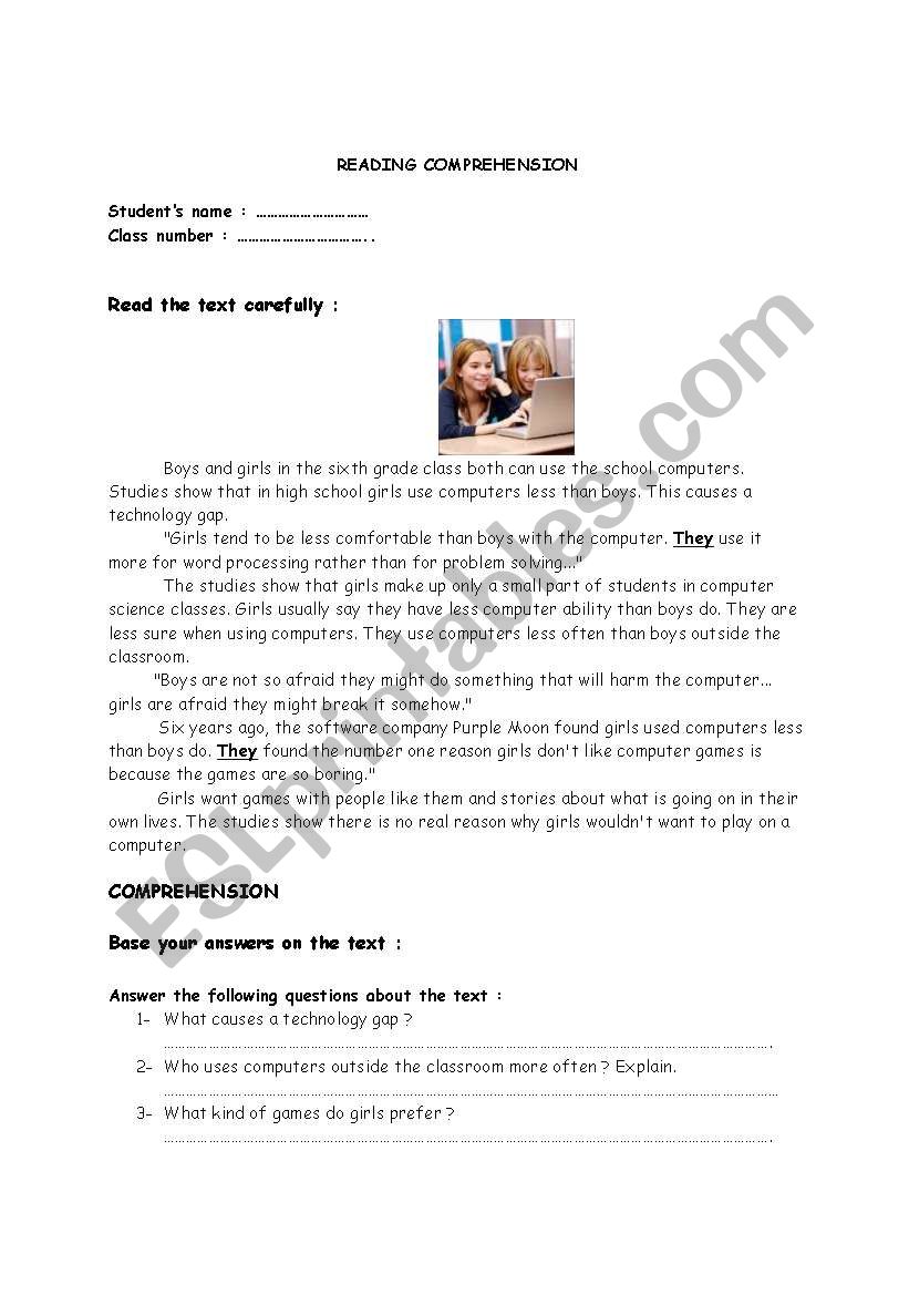computers and girls worksheet