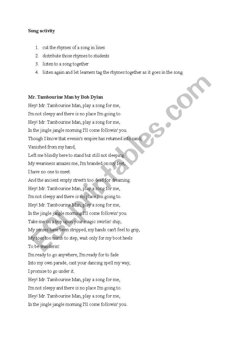 Song activity worksheet