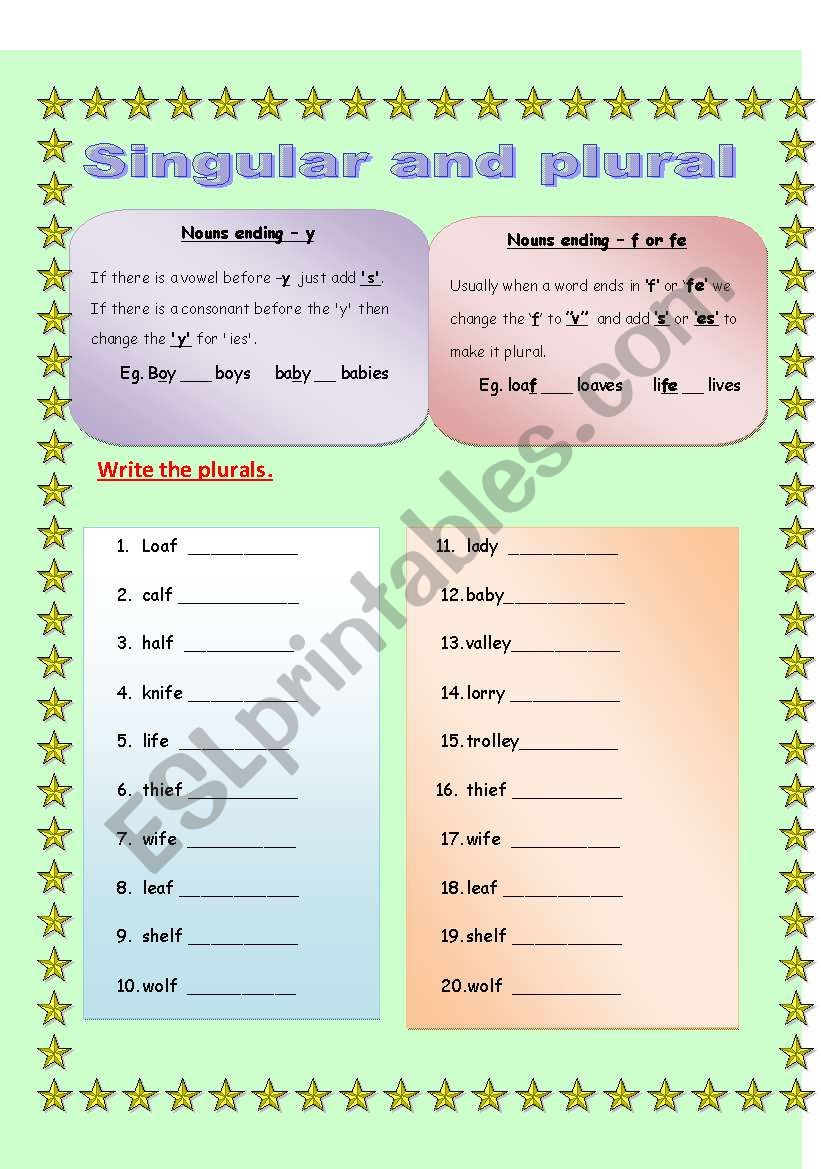 singular plural part II worksheet