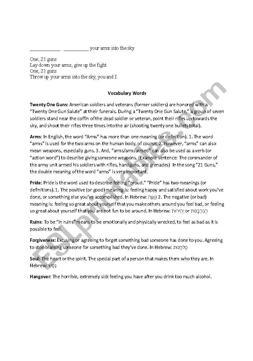 21 Guns By Green Day Song Lyrics Analysis With Vocabulary And Comprehension Questions Esl Worksheet By Beckyperlman