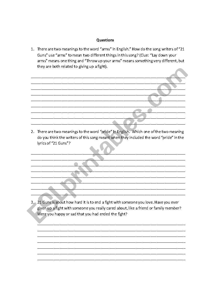 21 Guns By Green Day Song Lyrics Analysis With Vocabulary And Comprehension Questions Esl Worksheet By Beckyperlman