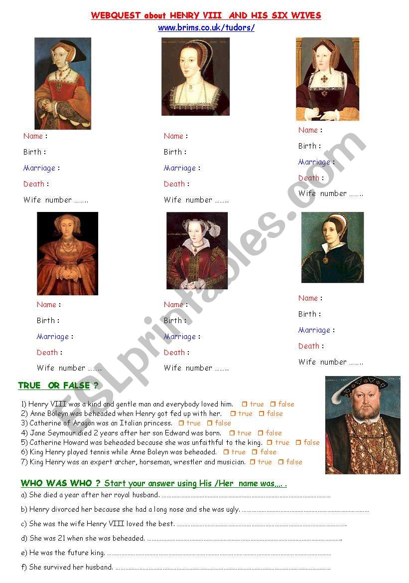 Henry VIII and his wives- Webquest