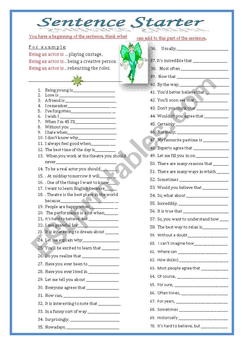 Sentence Starter worksheet