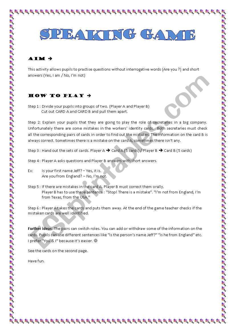 Speaking Game Part 1 worksheet