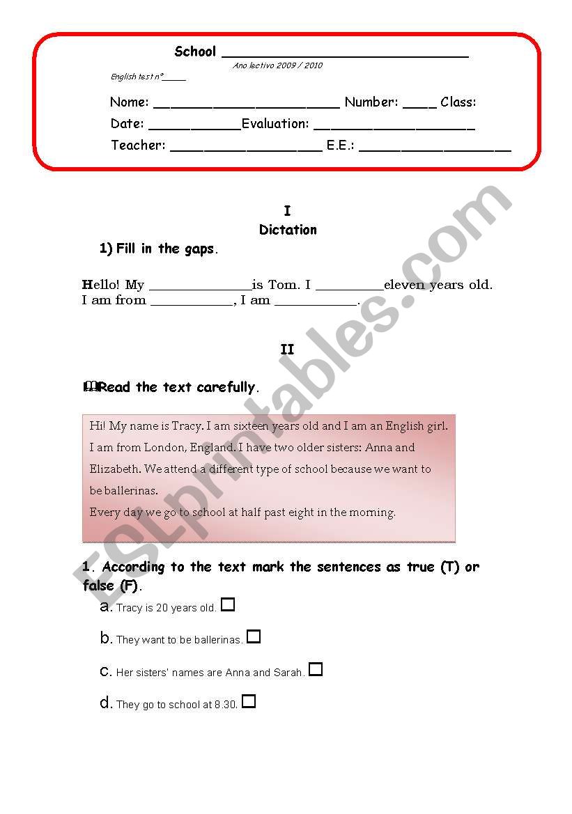 English test worksheet