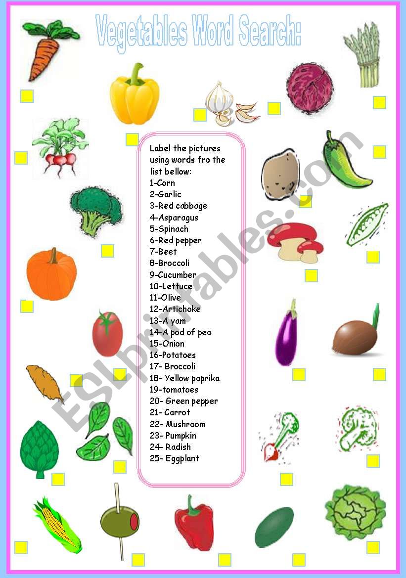 vegetables word search worksheet